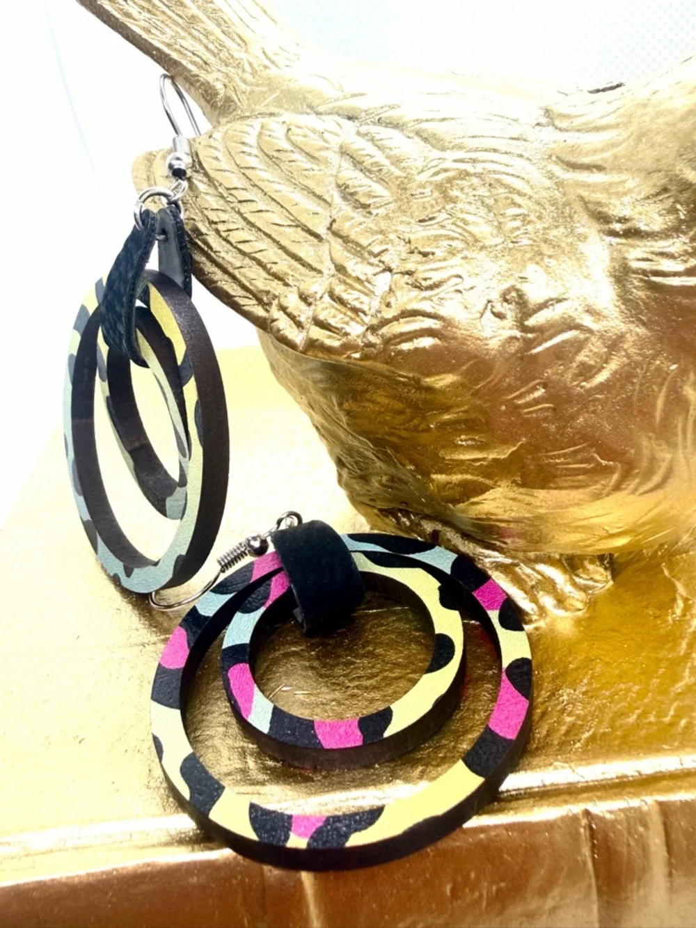 Handmade Lasercut Bright Leopard Print Hoop Earrings - Picture 2 of 5